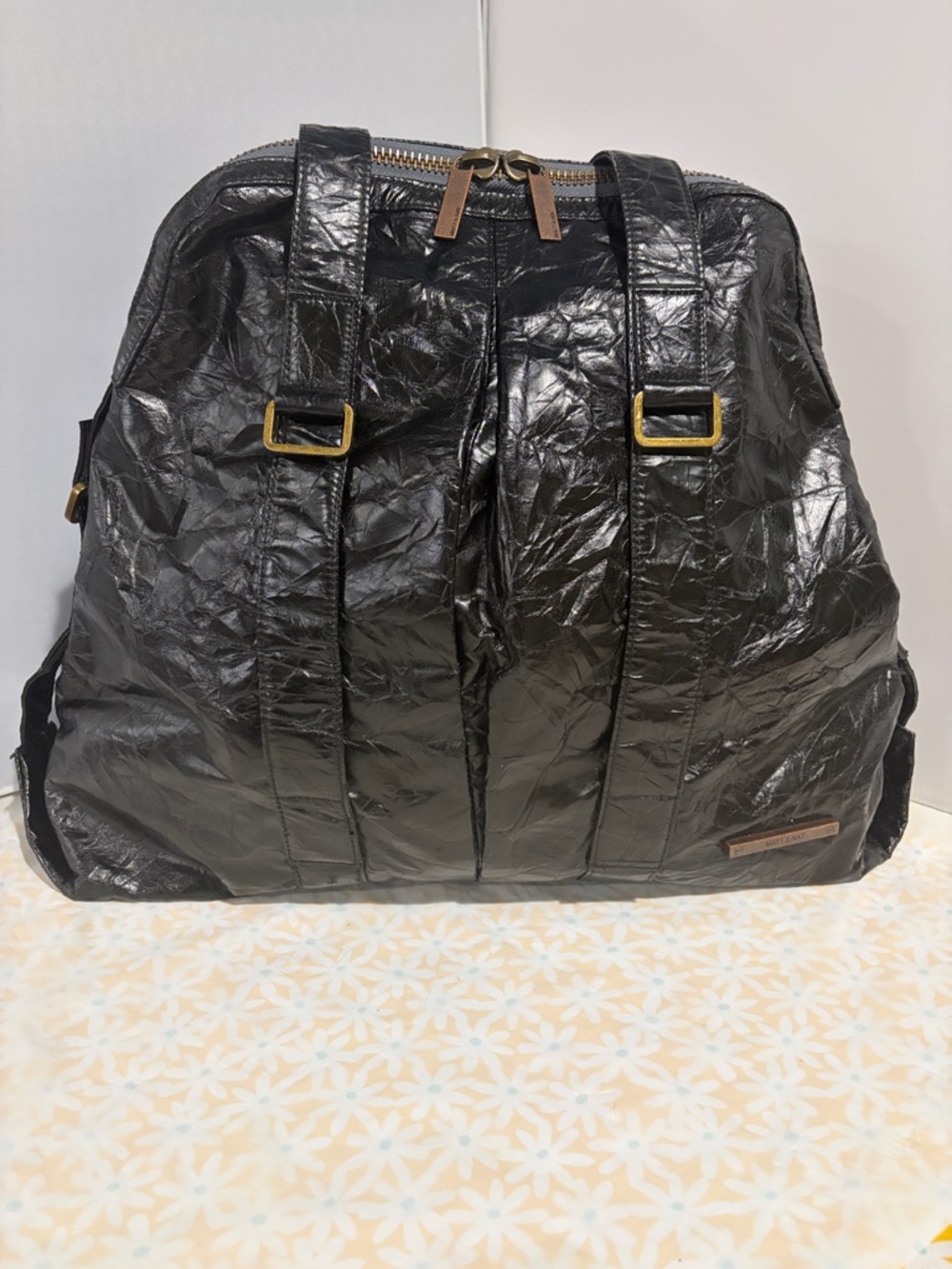 Black‎ Faux Leather Textured Hobo Bag with Gold Accents